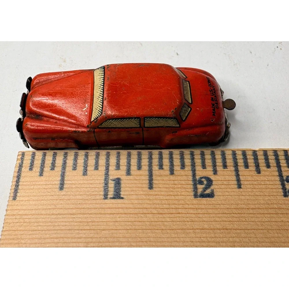 Vintage Red Tin Litho Toy Car Made in US Zone Germany Post-War Collectible 2.75